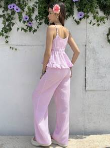 SHEIN Leap Crew Teen Girls 2pcs/Set Casual Minimalist Comfortable Ruffle Hem Camisole And Shorts Set - Pink - View 2