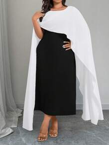 SHEIN PETITE CURVE 优雅纯色撞色大码女式长裙，斗篷裙 - 黑與白 - 查看 5