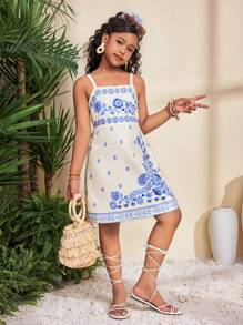 SHEIN Vestido de gasa con estampado floral, nudo en la cintura, sin espalda, lazo decorativo y corte evasé para niñas preadolescentes, ideal para uso casual y vacaciones - Azul - Ver 4