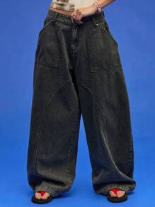 COUREZ Low Rise Ballonhosen-Jeans mit Nahtdetail / Sommeroutfits für Frauen / Y2K / Lässig / Hohe Straße Baumwolle Vintage