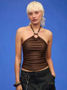 COUREZ Swim Halter Neck Top With Trim Details /Summer Outfits For Women Y2K Summer Tops Summer Clothes Casual Vintage - Brown - View 4