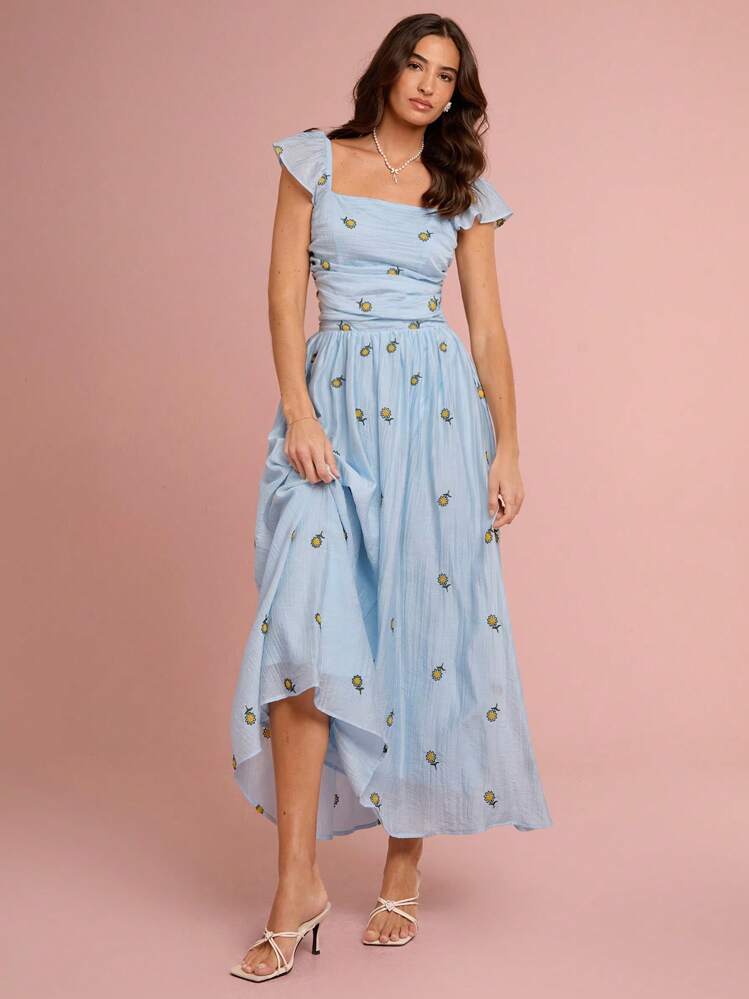 Enchnt Spring/Summer Romantic Women Blue Embroidery Floral Print Elegant Drape Sleeve Sun Dress,Sweet&Elegant For Vacation&Date&Holiday&Party&Graduation&Wedding Guest&Beach&Banquet,Prom Dress,Summer Dresses For Women,Sun Dresses For Women,Summer Clothes, ,Elegant Dresses For Party,Bohemian Clothes - Blue - View 3