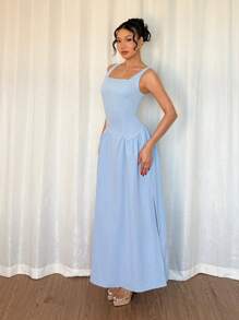 SHEIN Clasi Women's Elegant Summer Light Blue Tea Party Dress, Backless Boho Square Neck Sleeveless Long Dress With Tie Waist&Side Split For Vacation - Blue - View 5