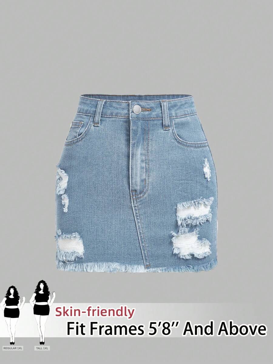 SHEIN PETITE CURVE Plus Size Women's Light Blue Denim Elastic Bodycon Ripped Mini Skirt Summer Vacation Cowgirl Western Wear Women Business Casual Woman Festival Airport Graduation 2025 Suitable For Daily Wear 4th Of July - Blue - View 1