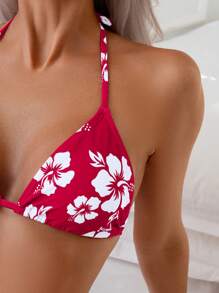 Swim Basics 花卉印花挂脖比基尼套装（前系带裙摆） - 彩色 - 查看 4