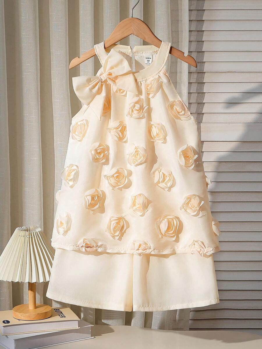 2pcs/Set Tween Girls Sleeveless Blouse With 3D Floral Decor And Shorts, Elegant - Apricot - View 1