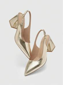 CUCCOO BIZCHIC Women's Fashion Gold Open Heel Pointed Toe Chunky Heel Pumps, Classic Minimalist For Commute, Date, Party, Holiday, Wedding For Christmas - Gold - View 6