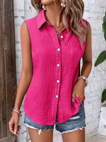 SHEIN LUNE Áo sơ mi không tay vải họa tiết màu trơn cho nữ, túi trước cài một nút, mùa hè - Màu Hồng Tươi - Xem 5