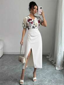 Breezaya Lace Mesh Patchwork Rose Slit Casual Commute Vacation Chiffon Dress For Women, Spring/Summer - Multicolor - View 5