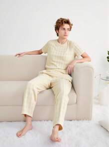 2 Peças Conjunto de Pijama para Adolescentes, Conjunto de Cor Damasco de Manga Curta Casual Macia e Calça Comprida, Tecido Jacquard Texturizado, Elástico, Malha Respirável, Lavável em Máquina, Ajuste Confortável, Fácil Cuidado, Conjunto Combinando Mãe e Filho (1 Conjunto Vendido Separadamente)