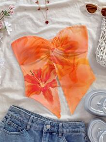 Soleia 2pcs Women Casual Summer Vacation Style Corset Top, Featuring Yellow Tie-Dye Pattern & Orange Tropical Flower Print, Asymmetrical Hemline, Suitable For Spring/Summer Holiday Tube Top