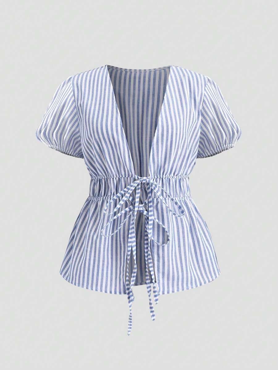 Gestreiftes Bluse mit Gürtel in Große Größen für Damen - Blau - Übersicht 1