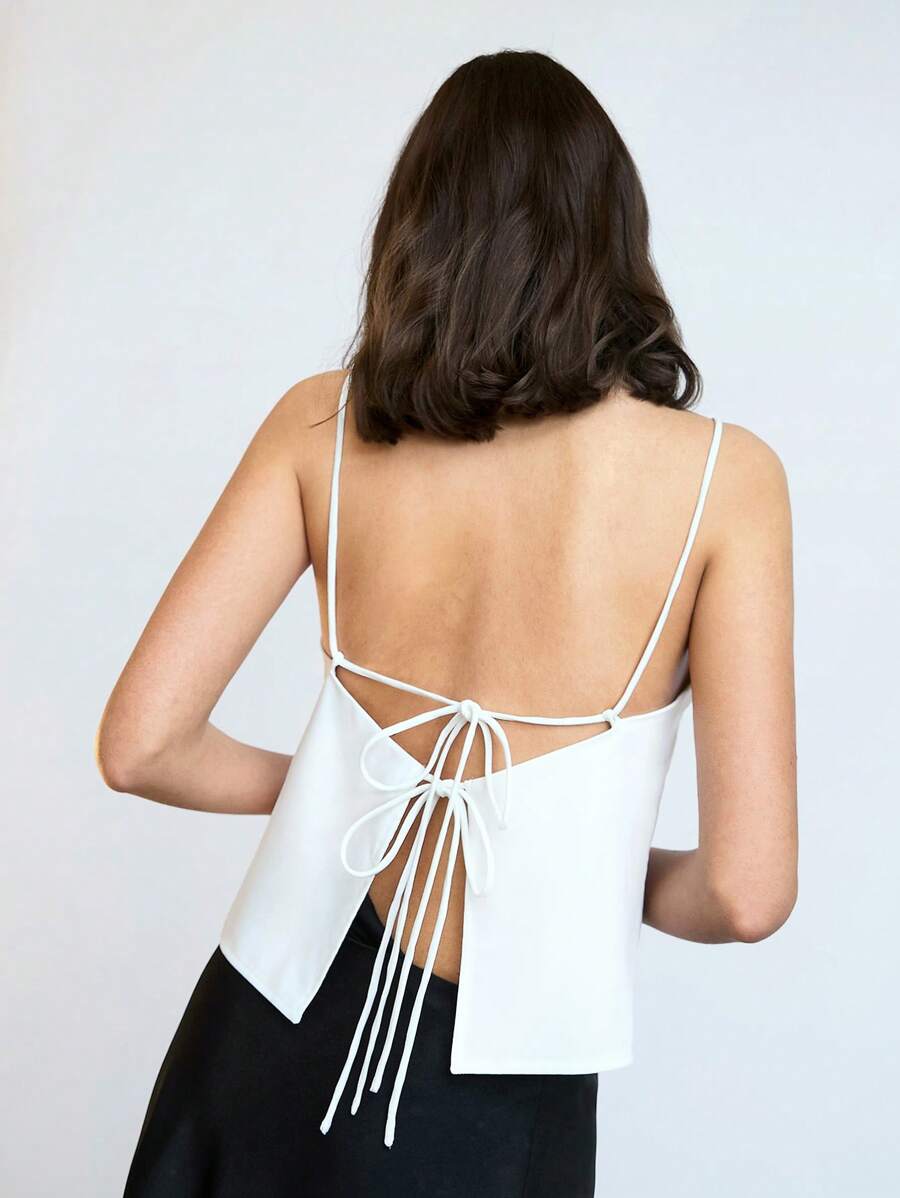 Maija 2025 Summer New White Adjustable Thin Strap Tie Bow Back Lace Up Cute Sleeveless Backless Cami Top, Suitable For Beach Holiday, Urban Commuter, Elegant Modern Casual Party, Picnic, Office Outfit, Graduation Season, St. John's Festival