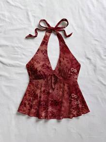 Soleia Women Casual Vacation V-Neck Bowknot Halter Backless Babydoll Top, Suitable For Holiday & Summer, Available In Encore Red Paisley Print, Vintage Style, Casual Vacation Style, Sexy, Cute, Y2K Coconut Girl, Boho, Music Festival,Rave Top