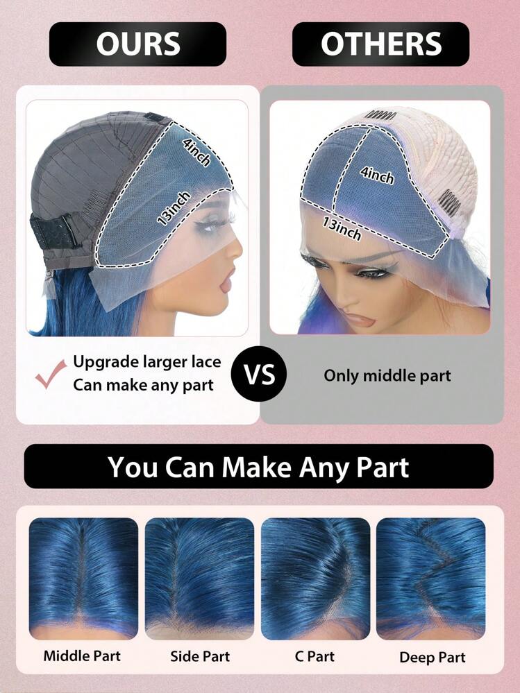 蓝色波波头假发 真人头发 150 密度 13X4 蕾丝前波波头假发 健康耐用头发 女士短直前波波头假发 预剪预拔婴儿头发 - SBULE - 查看 3