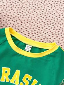 Teen Girl Green & Yellow Contrasting Colors Knit Summer Short Sleeve Casual Versatile Personalized T-Shirt With Letter Print And Round Neckline, Back To School - Green - View 6