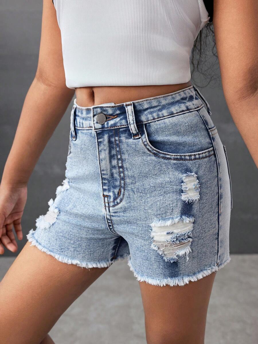 SHEIN Tween Girls Blue Denim Elastic Destroyed Skinny Shorts - Light Wash - View 1