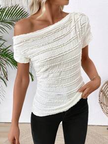 EMERY ROSE 1 Peça Camiseta de Manga Curta com Ombros Oblíquos e Cor Sólida para Mulheres, Minimalista e Elegante para o Verão - Branco - Visão 5