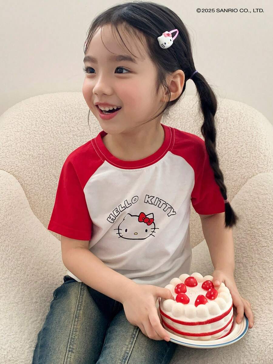 HELLO KITTY | DAZY 年轻女孩图案印花插肩短袖针织 T 恤，采用合作设计，女孩春夏 - 白色 - 查看 1