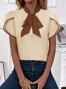 SHEIN Clasi 简约撞色领口系带短袖衬衫，适合夏季 - 彩色 - 查看 3