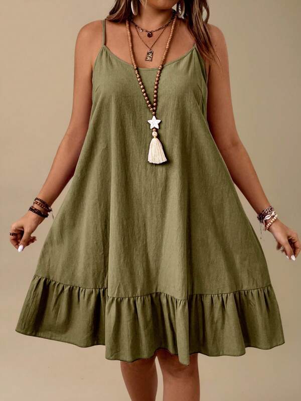 Joress Pure Plus Size Vacation Casual Solid Color Ruffle Hem Spaghetti Strap Dress