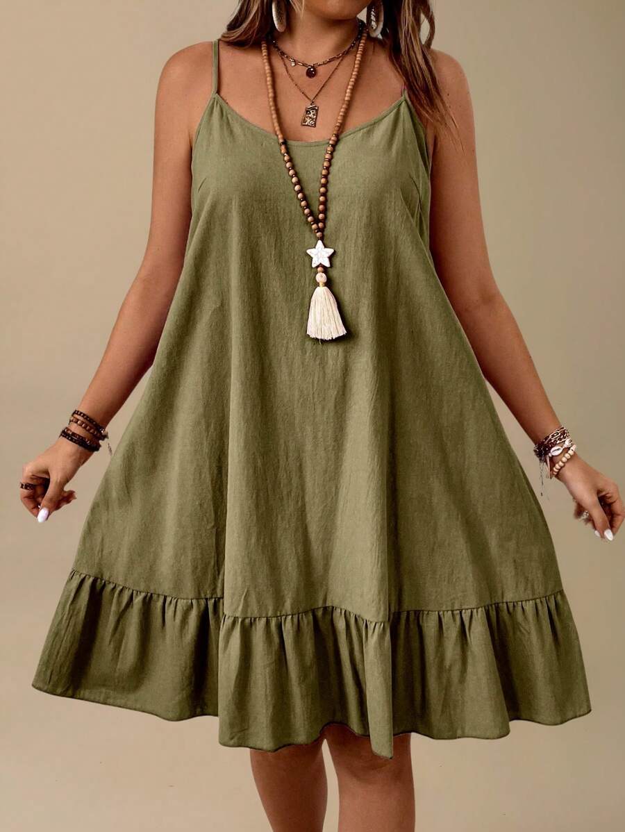 Linhara Pure Plus Size Vacation Casual Solid Color Ruffle Hem Spaghetti Strap Dress - Army Green - View 1