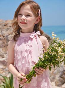 SHEIN Young Girl's Stand Collar Mesh Floral Casual Loose Halter Dress