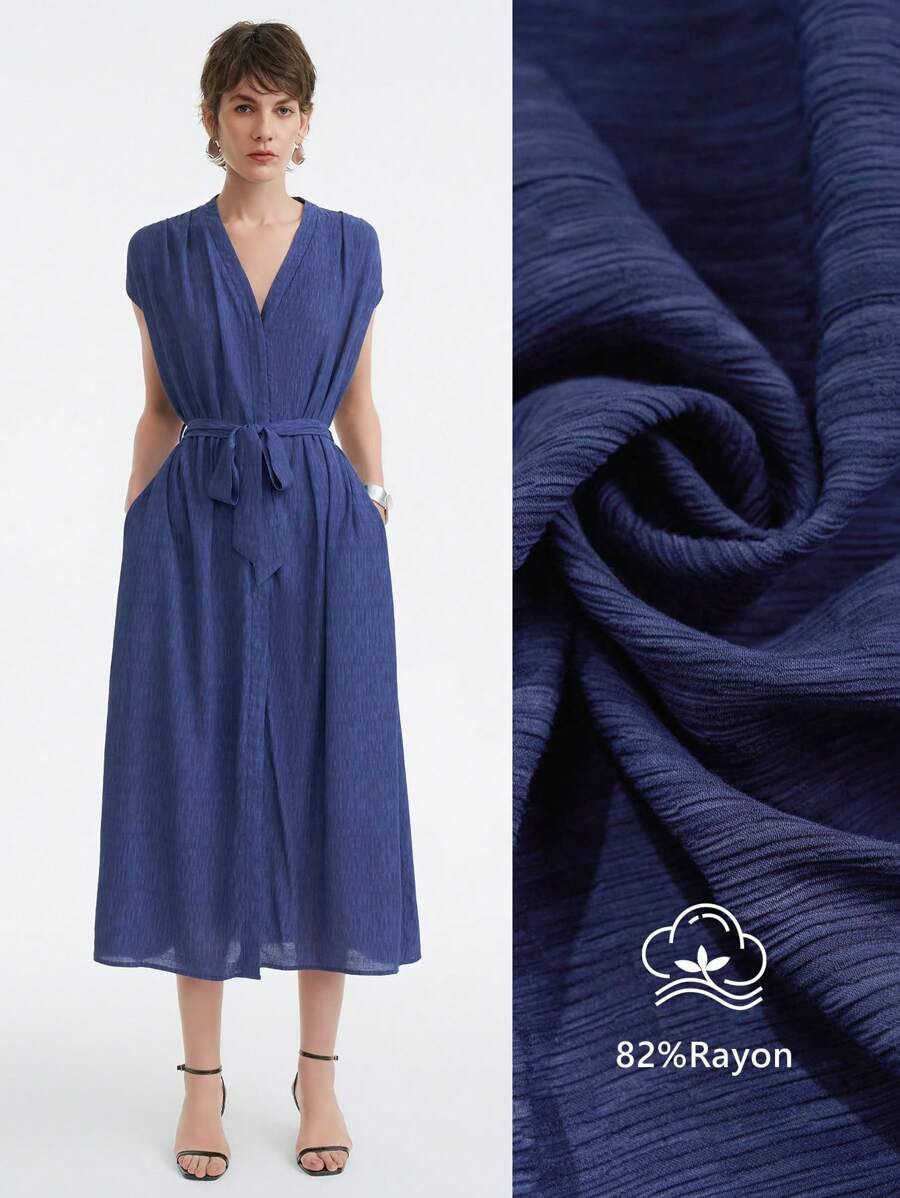 Aalyst 女装优雅法式高端休闲度假办公室舒适宽松V领双色面料聚拢肩部收腰口袋长裙春夏