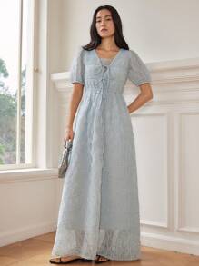 Dazy-Less Đầm voan dài kẻ caro cổ chữ V phối lưới thắt nơ eo thắt đai cho nữ ngày lễ thanh lịch, đầm dự tiệc cưới công sở thường ngày cho nữ - Màu xanh nhạt - Xem 6