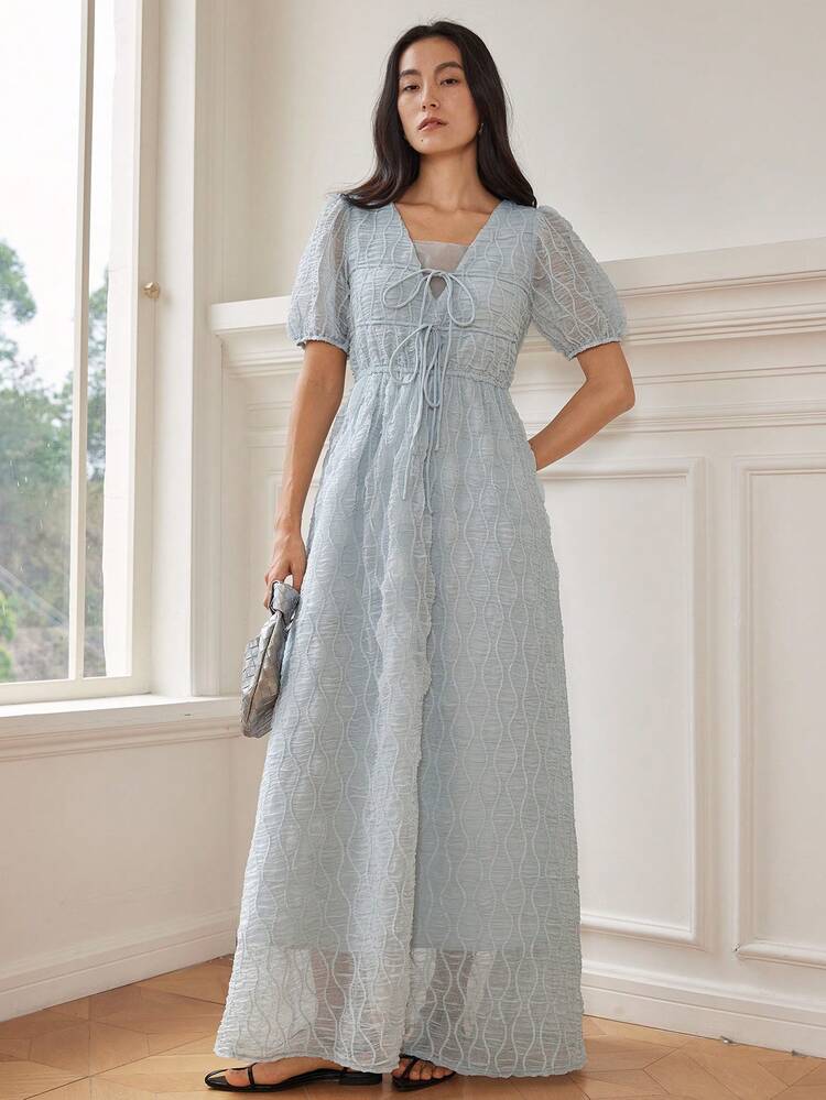 Women's Long Chiffon Plaid V-Neck Mesh Splice Ribbon Waist Tie Sash Holiday Elegant Dress,Dress For Wedding Business Casual Woman Work Clothes