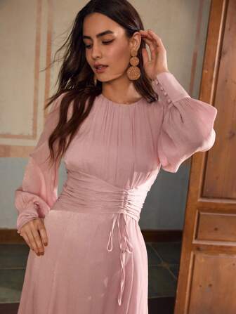 ZEYLAH 圆领中袖束腰优雅假日连衣裙，春夏