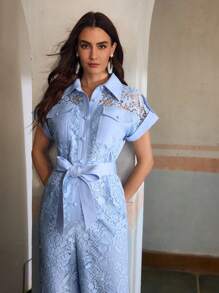 ZEYLAH Spring And Summer Holiday Lace Patchwork Short Sleeve Utility Pocket Shirt Collar Jumpsuit - Baby Blue - View 2