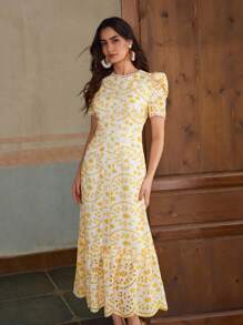 ZEYLAH 棉质短袖度假长款孔眼刺绣连衣裙 - 黃色 - 查看 6