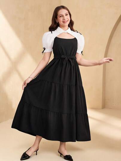 SHEIN Elegant sommar Söt Rosa Spets Patchwork Enfärgad Kortärmad Ruched Midja Flerlagers Flare Klänning, Lätt mini festklänning för tonårsflicka & tonårstjej