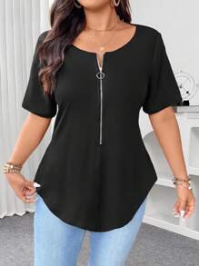 Calvaya Zip V-Neck Solid Color Short Sleeve Bodycon Plus Size T-Shirt, Going Out Tops For Women In Summer BASICS - Black - View 5