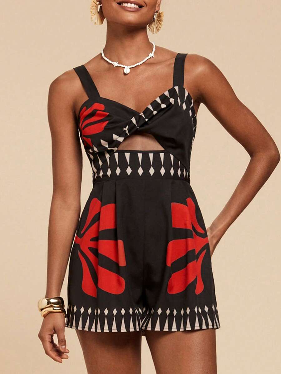 Travachic Damen Jumpsuit mit Blume Muster für den Urlaub, Frühling/Sommer - Schwarz - Übersicht 1