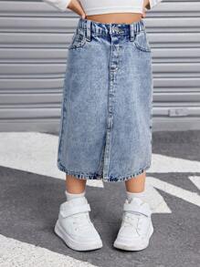 SHEIN 年轻女孩简约纯色休闲开叉牛仔迷你裙，适合夏季 - 淺色水洗藍 - 查看 6