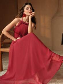 Anewsta Elegante abito midi rosso con spallina a spaghetti, vita arricciata e balza, abito da festa formale di alta qualità mini