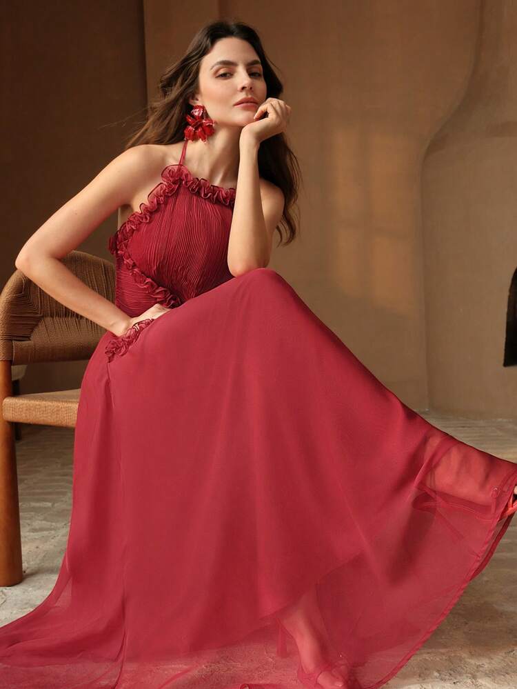 Elegant Red Spaghetti Strap Ruched Waist Flounce Hem Midi Dress, High-End Formal Mini Party Dress