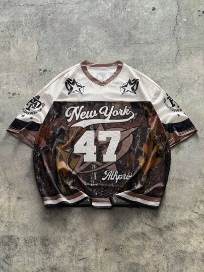 AXEPEAK 男士休闲撞色迷彩印花短袖 T 恤，夏季、校园、街头风版