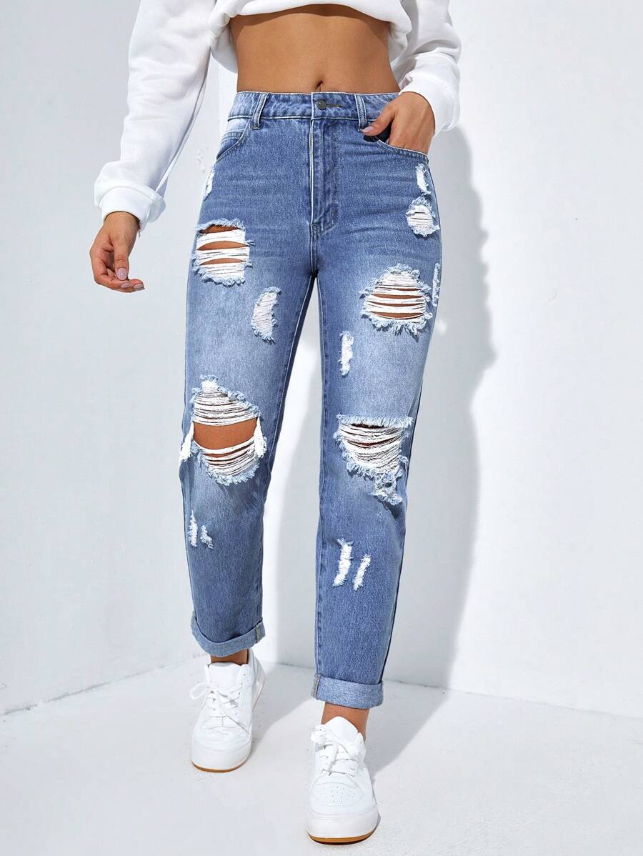 SHEIN EZwear 女式破洞高腰带口袋七分牛仔裤,夏季 - 藍色 - 查看 1