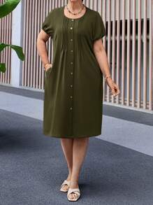 Miaspire Vestido casual de verano de manga corta con bolsillo, cuello redondo y unicolor, talla grande