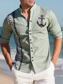 Manfinity RSRT Men's Geometric Print Short Sleeve Casual Single-Breasted Shirt,Sage Green,Autumn,Beach,Holiday Resort Wear,Fashion Summer Style Cool Shirts For Men - Green - View 1