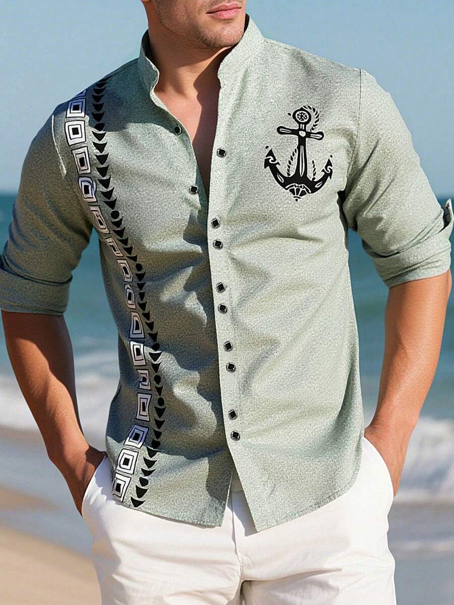 Manfinity RSRT Men's Geometric Print Short Sleeve Casual Single-Breasted Shirt,Sage Green,Autumn,Beach,Holiday Resort Wear,Fashion Summer Style Cool Shirts For Men - Green - View 1