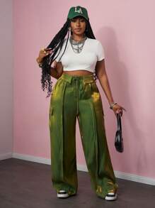 Slaydiva 2025 春夏新款音乐节 & 街头 & 度假阔腿裤女士宽松修身翻领腰部装饰工装口袋加大码 - Z