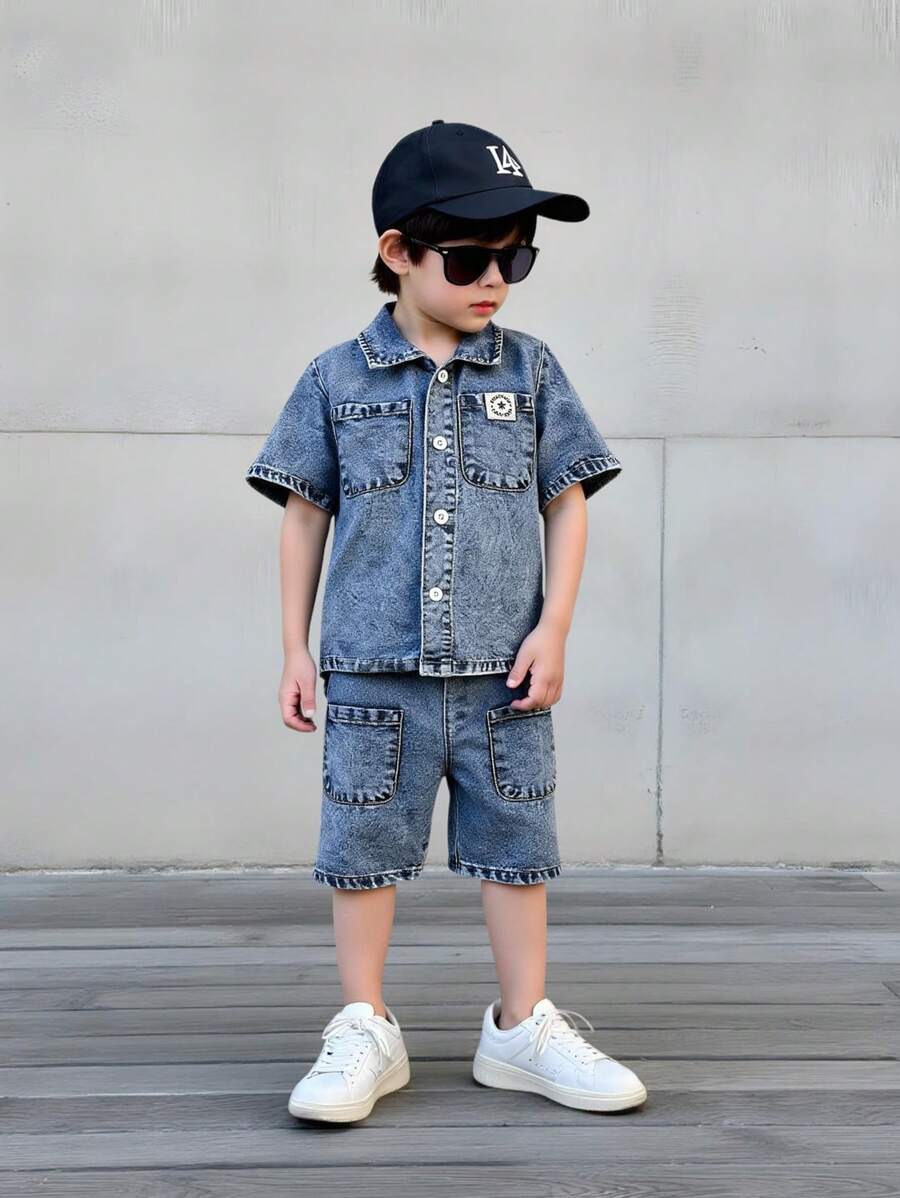 Toddler Boys Fashionable Casual Versatile Outdoor School Denim Suit - Collared Shirt & Elastic Waist Wash Denim Shorts Set - Medium Wash - View 1