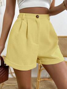SHEIN LUNE 高腰素色纹理休闲短裤，夏季 - 黃色 - 查看 3