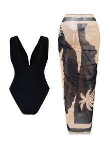 SHEIN Swim Set de 2 piezas: Traje de baño de una pieza de unicolor con escote en V profundo y sin mangas, y falda de playa con nudo delantero con estampado de palmeras, conjunto de alta gama para resort de verano - Multicolor - Ver 2