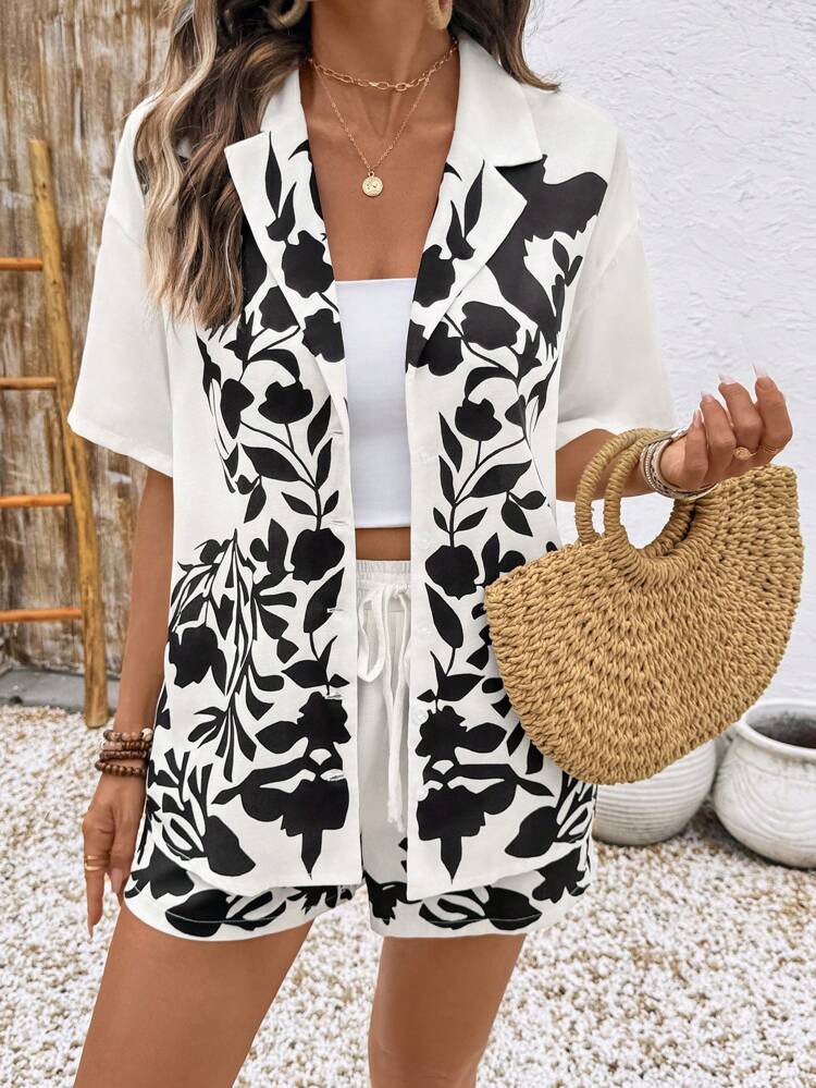 2pcs Women Short Sleeve Shirt And Shorts, Fashion Summer Set Two Pieces Summer Set Summer Outfits For Women