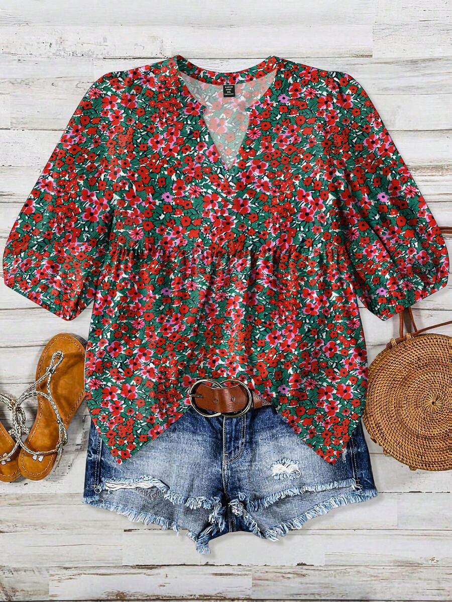 Linhara 大码度假休闲碎花灯笼袖衬衫 - 粉色 - 查看 1